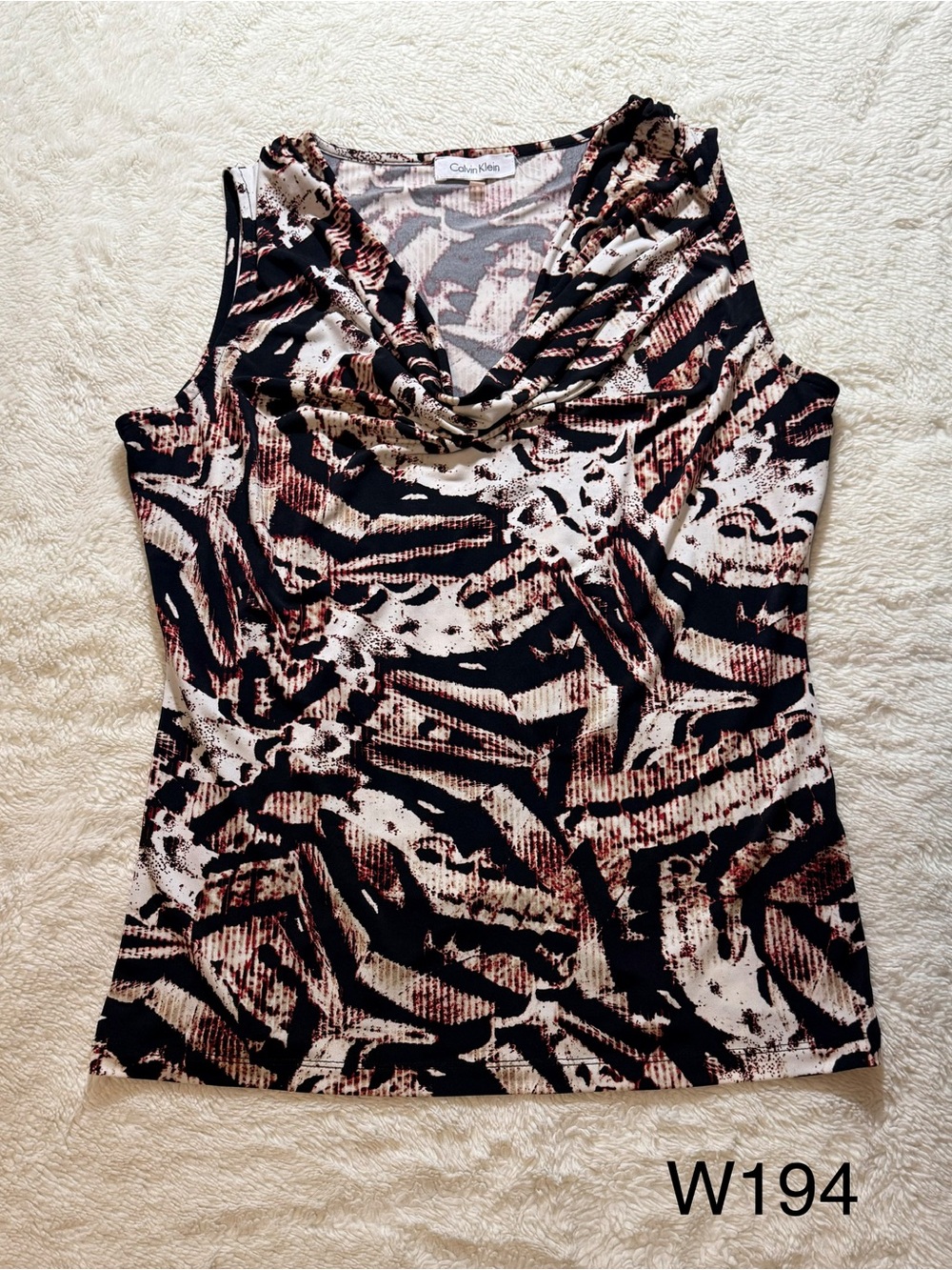 Calvin Klein Sleeveless Cowl Neck Tank - Black & Cream with Brown Accents